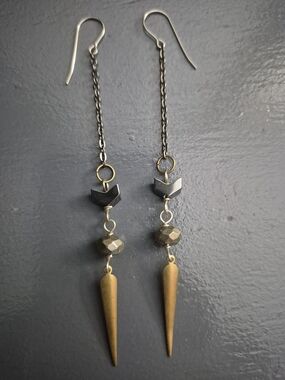 Long Handmade Two-Tone Spike Dangle Earrings - Gold and Gunmetal
